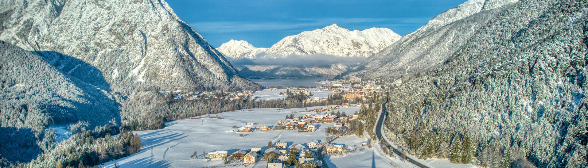 Winter landscape in Maurach am Achensee Fresh snow transforms Lake Achensee and its surrounding villages into a winter wonderland.