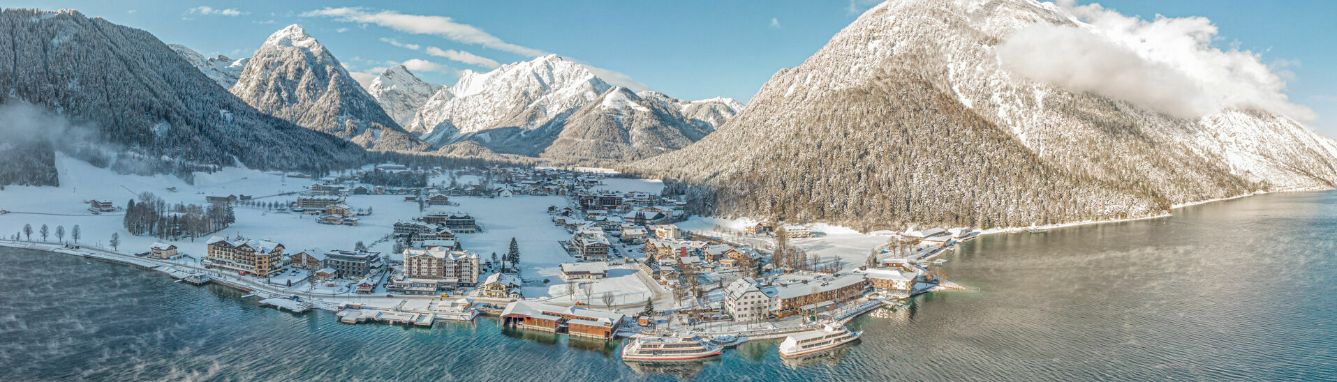 Pertisau am Achensee View of the snow-covered village of Pertisau which lies on the western shore of Lake Achensee.
