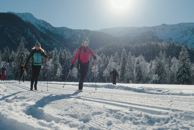 Cross-country skiing in the Karwendel valleys A woman takes part in the Achensee cross-country skiing camp (classic) in the snow-covered Karwendel valleys in glorious weather.