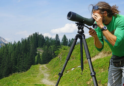 Steinadlerwanderung Ein Mann schaut durch sein Teleskop einer Steinadlerwanderung im Naturpark Karwendel zu.