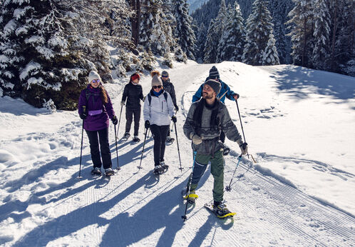 Mit Schneeschuhen unterwegs Bei einer geführten Wanderung in die Karwendeltäler erlebt eine Gruppe einen herrlichen Wintertag und erkundet die Region mit Schneeschuhen.