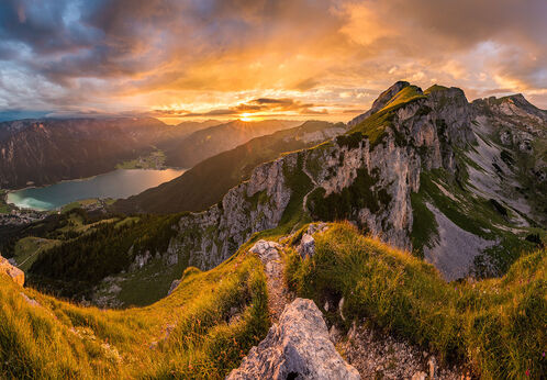 Rofan tour Beautiful view of the natural landscape of the Rofan mountains at Lake Achensee at sunset.