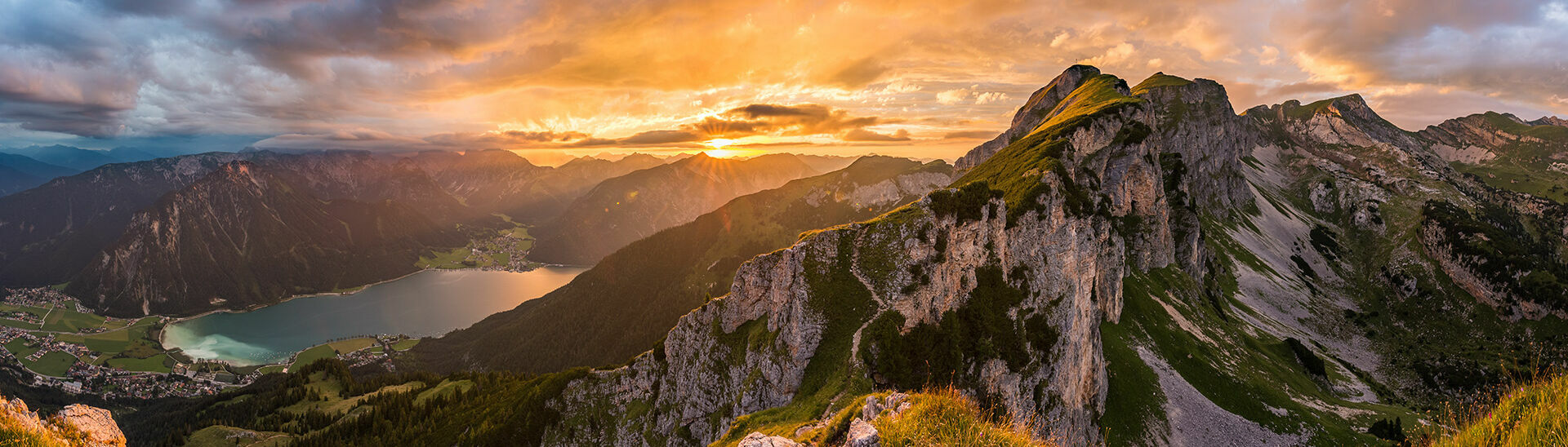 Sunset in the Rofan mountains Beautiful view of the natural landscape of the Rofan mountains at Lake Achensee at sunset.