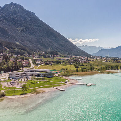 The Atoll in Maurach am Achensee Aerial view of the Atoll Achensee in brilliant sunshine.