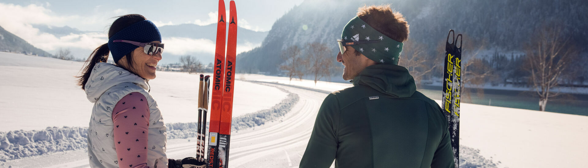Cross-country skiing in Maurach am Achensee Cross-country skiing fun in Maurach at Achensee for a young couple.