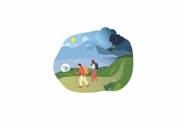 Graphik Tourenplanung Die Grafik Taktvoll am Achensee zeigt zwei Wanderer bei einer Tour während eines Gewitters. Wir möchten an dieser Stelle auf die richtige Tourenplanung hinweisen.